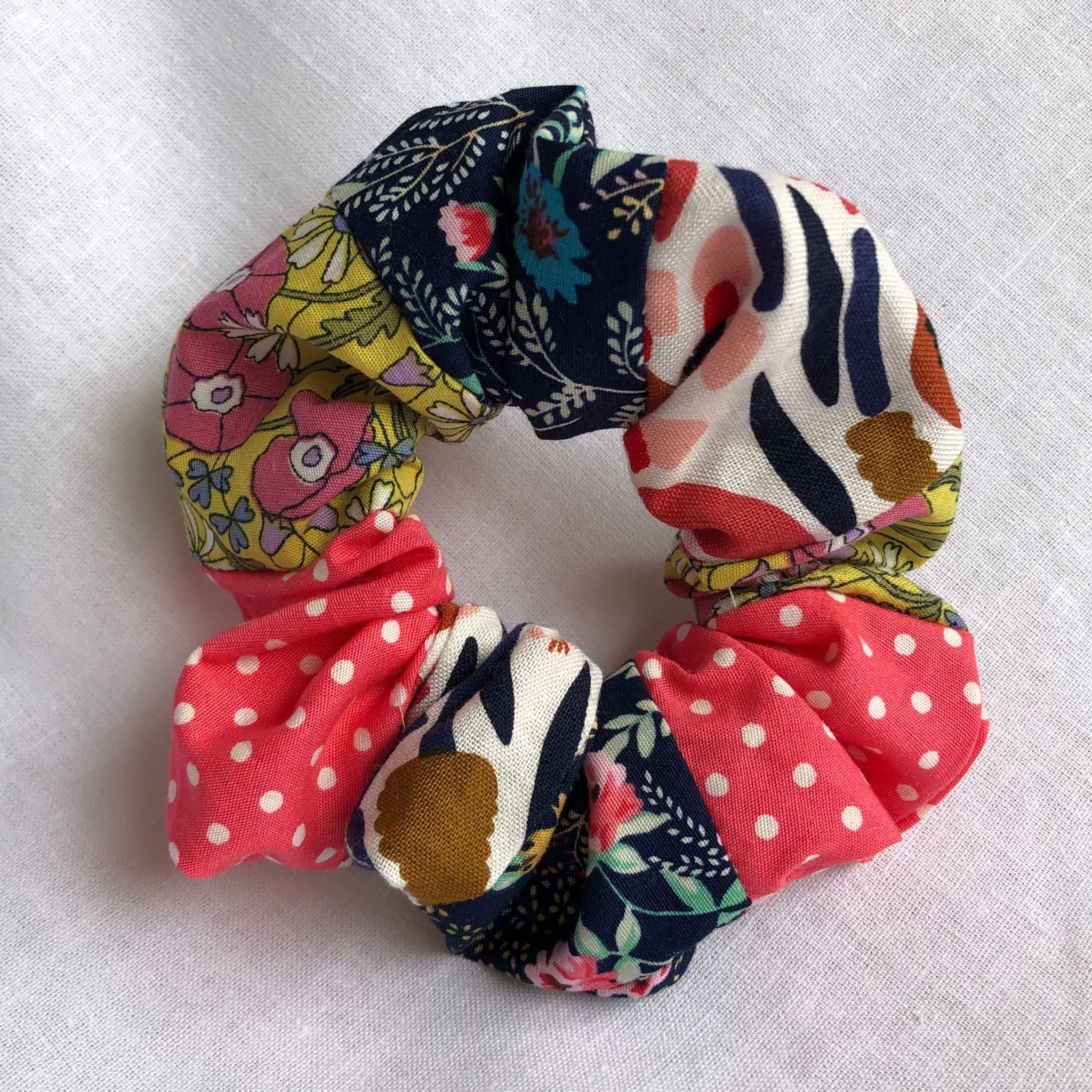 Navy, Pink and Yellow Patchwork Scrunchie