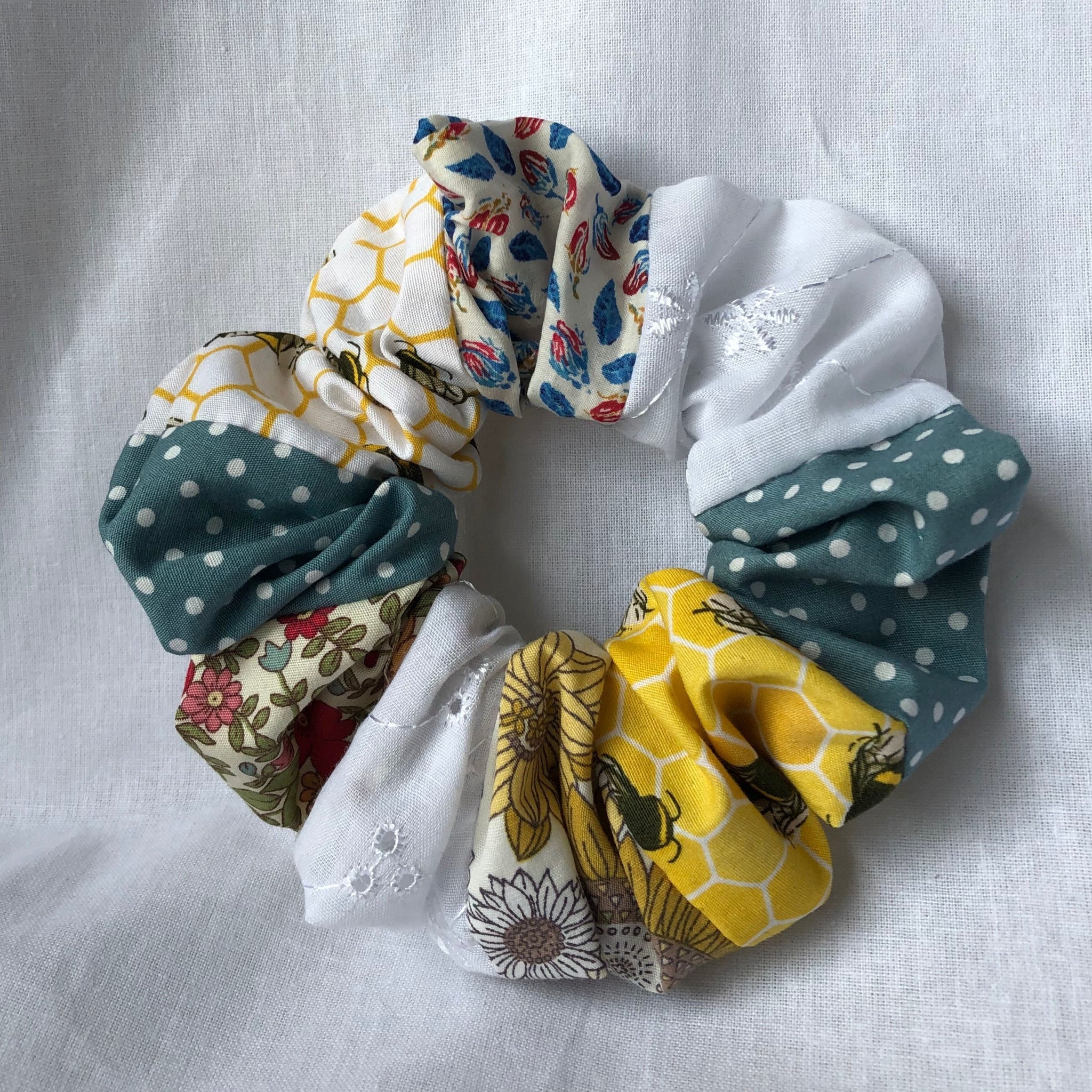 Multicoloured Yellow an Teal Patchwork Scrunchie