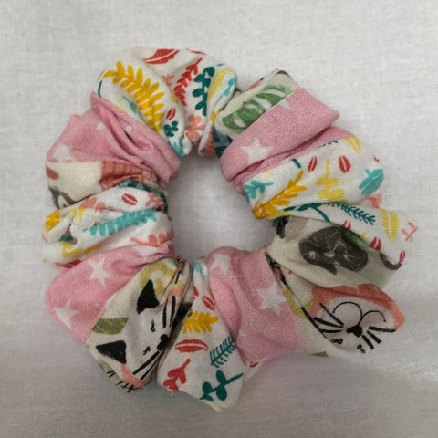 Pastel Cat and Star Print Patchwork Scrunchie