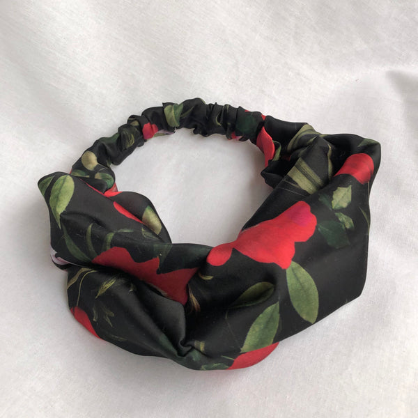 Black Poppy Print Satin Headband